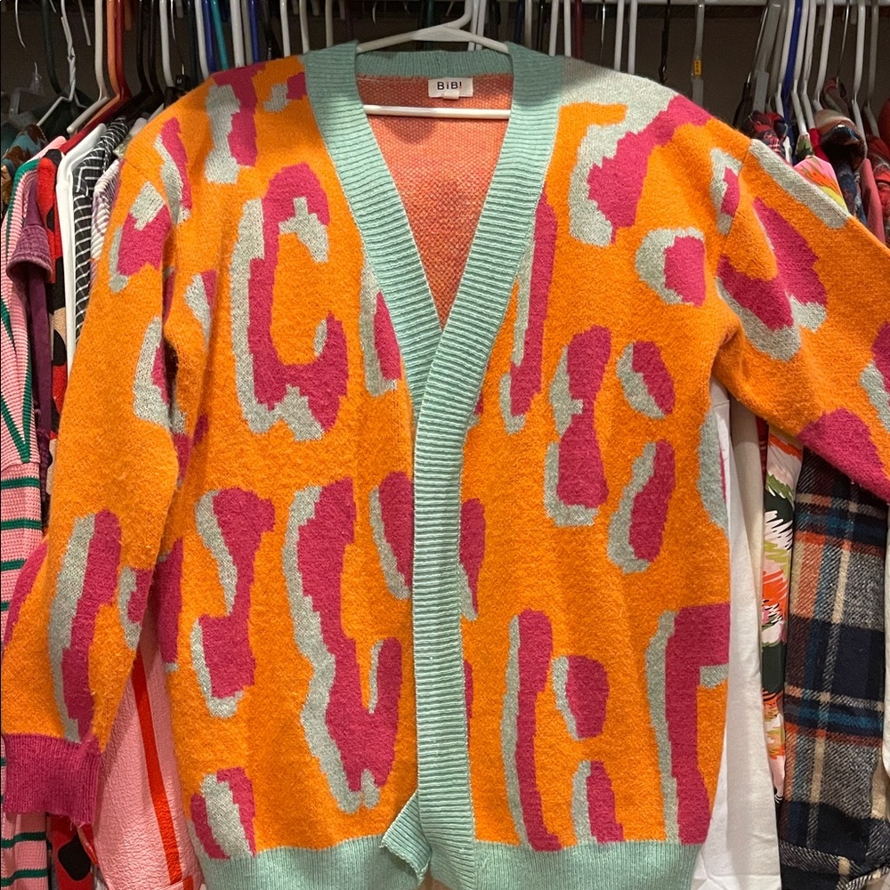 BiBi Orange, Pink & Mint Leopard-Print Open Cardigan